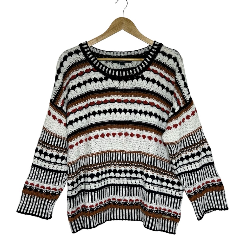 Marc New York Cotton Blend Multi‎ Cream Brown Burgundy Pattern Relax Sweater XL